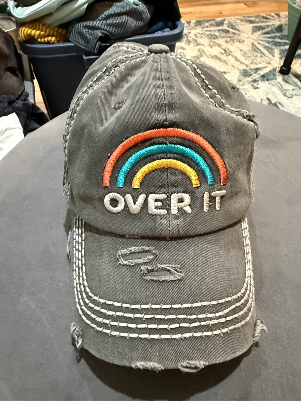 Women’s Gray Distressed Cap with Colorful Rainbow "OVER IT" Embroidery